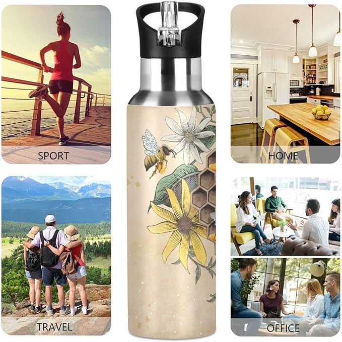 ALAZA Honey Bee Retro Floral Water Bottle With Straw Lids Boys Girls,Vacuum Insulated Leakproof Stainless-Steel Sports Bottle Thermal Flask For Gym Yoga Camping,34Oz (1000Ml)