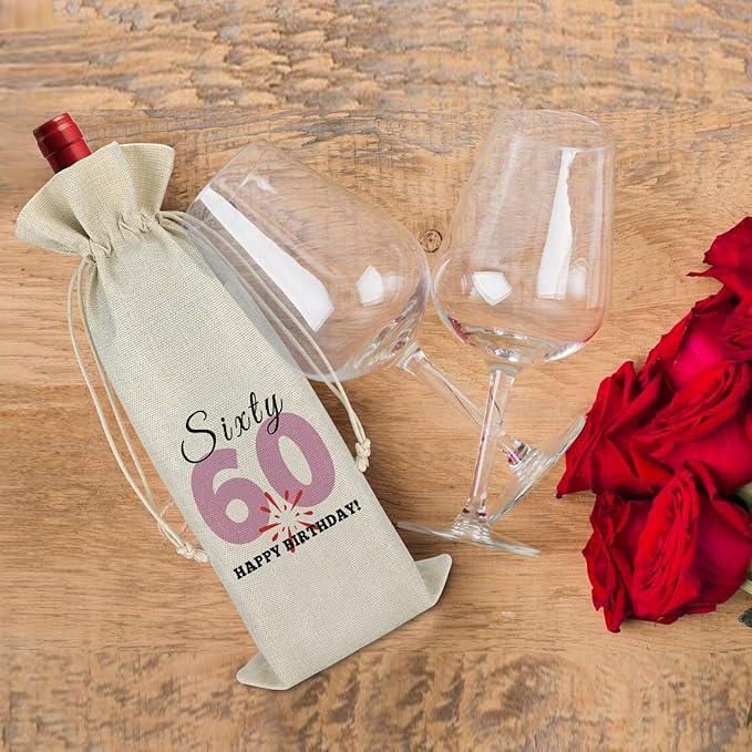 60th Birthday Gift Wine Bag Happy 60th Birthday Gift for Men Women 60 Year Old Birthday Party Decors Turning 60 Gift for Grandma Grandpa Happy Sixty Birthday Burlap Wine Gift Bag Retirement Gift