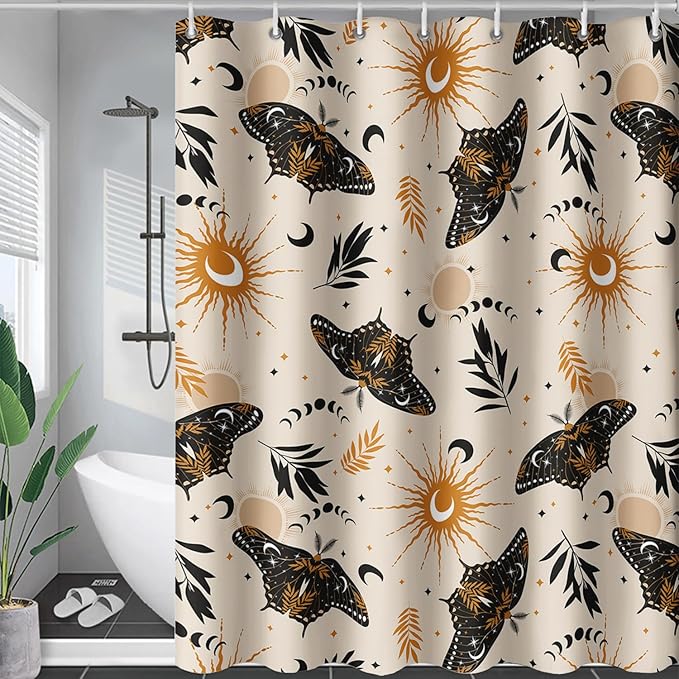 AILONEN Moth Shower Curtain,Sun and Moon Death Moth Bath Curtain for Bathroom Decor,Polyester Waterproof with 12 Plastic Hooks 72" W*72" H
