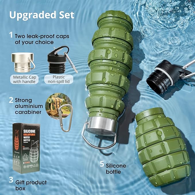 Collapsible Water Bottle 19.6 oz Leak Proof - 2 Lids, Carabiner, Gift Box - Reusable Silicone Water Bottle Men for Dad Birthday Gift - Foldable Travel Water Bottle for Gym & Sport - Green Accessories