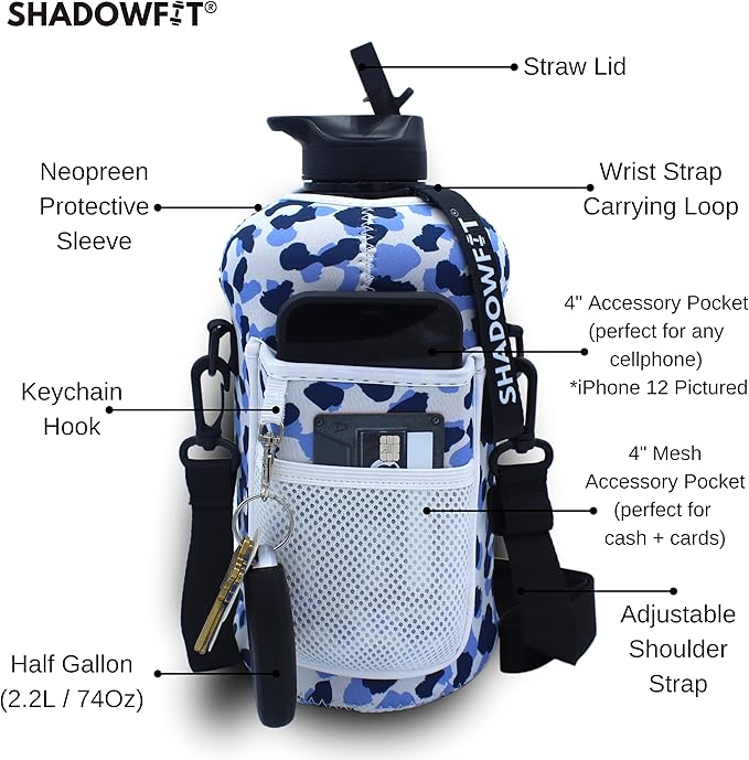 Half Gallon Water Bottles (74 ounce, 2.2 Liter) with Straw Lid Handle and Storage Sleeve - Large Jug Holder with Strap for Drinking during Workout and Exercise