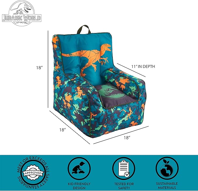 Idea Nuova Jurassic World 2 Kids Nylon Bean Bag Chair with Piping & Top Carry Handle, Blue, 18" H x 18" W