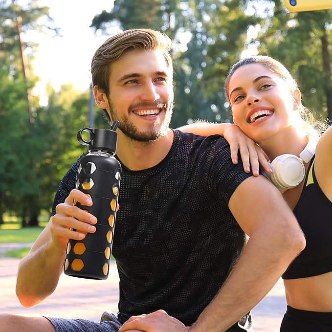 MUKOKO Glass Water Bottles, 24oz Glass Tumbler, Drinking Bottles with 2 Lids-Handle Flip Straw Lid&Bamboo Lid, Motivational Water Bottle with Time Marker and Silicone Sleeve, Leakproof-1 Pack-Black