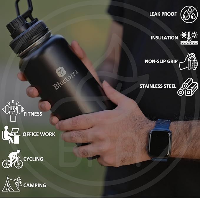 Bluetorra Black Stainless Steel Water Bottle 32 oz Vacuum Insulated, Leakproof Lid Keeps Drinks Cold 24 Hours, Durable - Ideal for Sports, Gym, Outdoor Activities Stay Hydrated water bottle