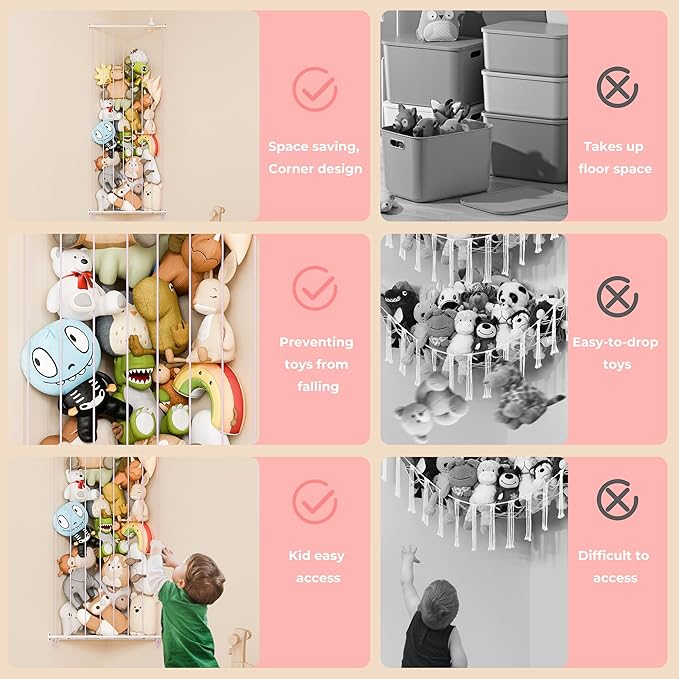 GRANNY SAYS Stuffed Animal Storage, Corner Stuffed Animal Holder for Toy Storage, Large Stuff Animal Organizer with Adjustable Length, Hanging Kids Toy Organizers for Plushies Storage, Pink