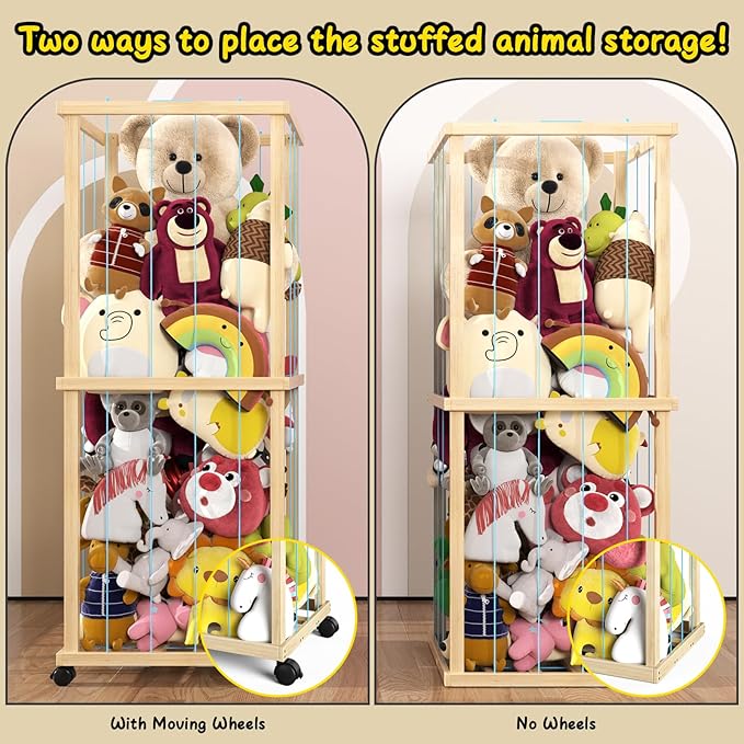 Stuffed Animal Zoo Storage Cage 55" Wood Large Stuffed Animal Storage Basket, Toy Storage for Big Small Stuffed Animals