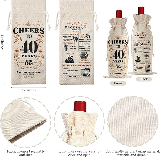 SpringWhisper 2Pcs 40th Birthday Gifts for Women Men Back in 1984 Birthday Gift 40 Years Old Gift Birthday Decoration Wine Bag Gift for Her Him Wine Gift Bag 40th Turning 40