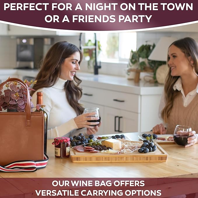 FIORI & ROSSI PU Leather Wine Bottle Carrier Bag - Insulated Wine Bag to Store & Carry up to 3 Bottles for Travel, Picnics & Parties - Wine Tote Bag Buckle & Zipper Closure Sleeve Dividers - Brown