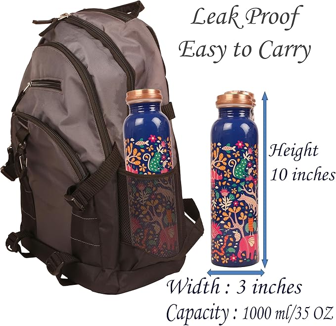 Pure Copper Water Bottle - Handcrafted - Ayurveda Health Benefits -Floral Animals Printed 35 OZ - Leak proof - Easy to carry For Sports, Fitness, Yoga, School - Vintage Enamel.