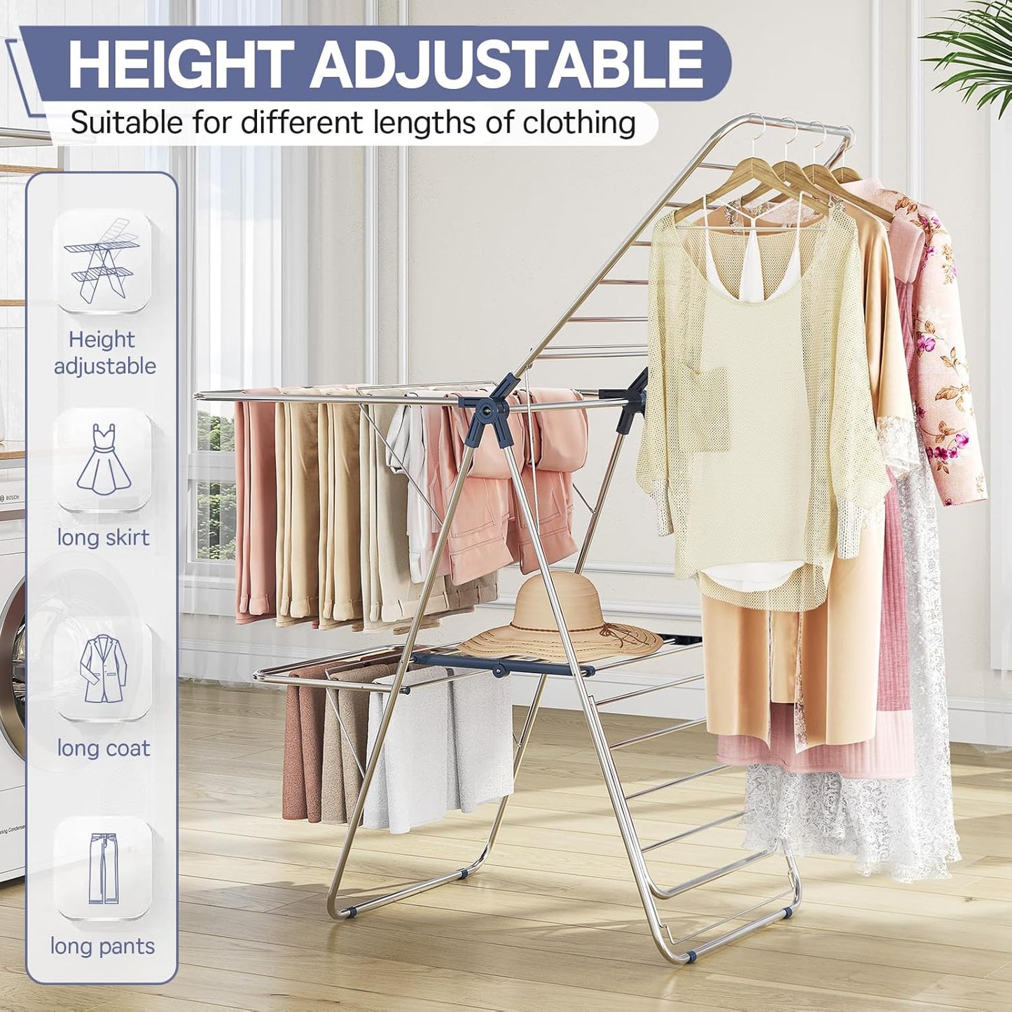 APEXCHASER Clothes Drying Rack with 4 Wings, Drying Rack Clothing with Height-Adjustable, Foldable Gullwings Laundry Drying Rack, Indoor Outdoor Use, No Assembly, Blue