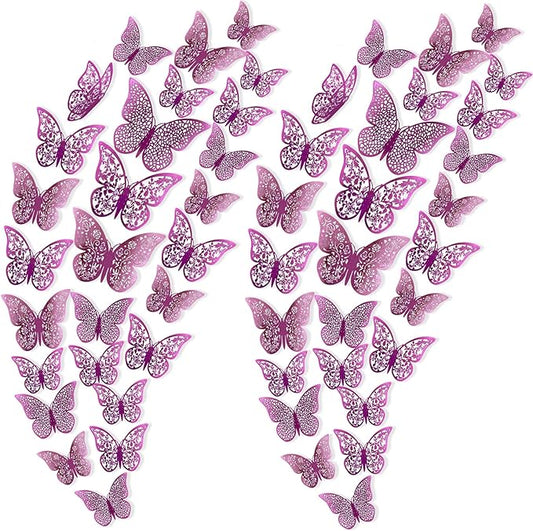 72Pcs 3D Butterfly Wall Decor 3 Sizes 3 Styles, Removable Butterfly Stickers Wall Decals, Butterfly Decorations Party Birthday Cake Decoration for Kids Nursery Wedding Bedroom Room(Purple)