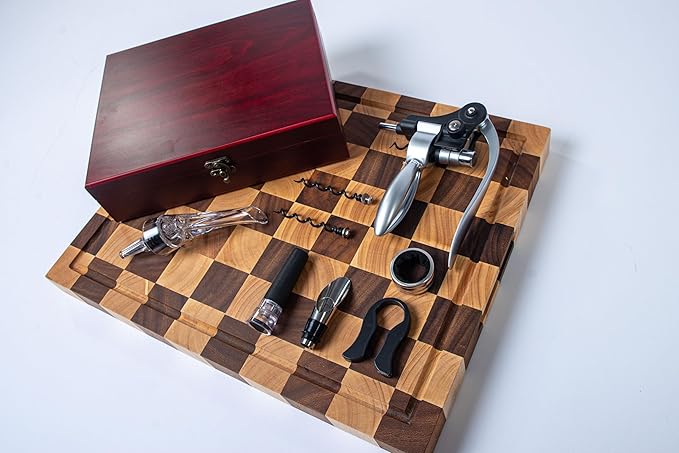 Wine Bottle Opener Set with Accessories Polished Silver in Wood Box, Aerator, Extra Screws, Foil Cutter, Pourer, Vaccu Stopper, Winged Wine Opener, Rabbit Red Wine Corkscrew Set (Polished Silver)