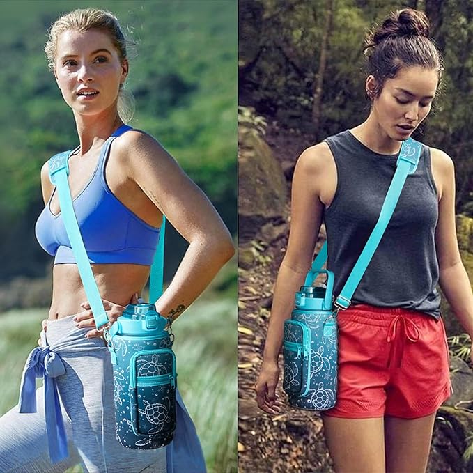 Sea Turtle Half Gallon Water Bottle with Sleeve Water Bottle 64 Oz Water Bottle with Time Marker, Leakproof-Free Drinking Water Bottle, Sports Turtle Water Bottle Half Gallon Water Jugs