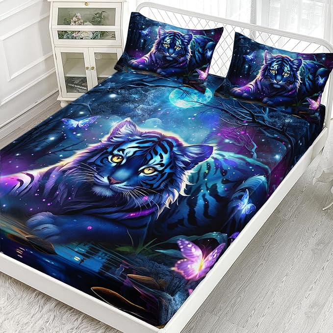 AILONEN Tiger Fitted Sheet Set Twin XL Size, Fairy Starry Forest Cute Tiger Sheet Wildlife Bed Sheet Set,3 Pieces Printed Fitted Sheet with 2 Pillowcases