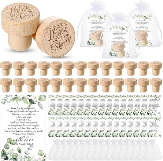 Barydat 50 Sets Wedding Favors for Guests Bulk Engraved Wood Wine Bottle Corks Wine Stopper with Wedding Thank You Cards and Organza Bags Wedding Appreciation Gifts for Guest Thank You Gifts (Bright)
