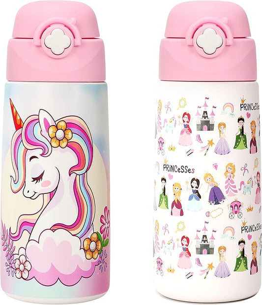 Kids Insulated Water Bottle with Covered Pop-Up Straw,16oz Kids Cups with Stainless Steel Leak Proof for School Boys Girls（2PCS,UNICORN+RAINBOW）