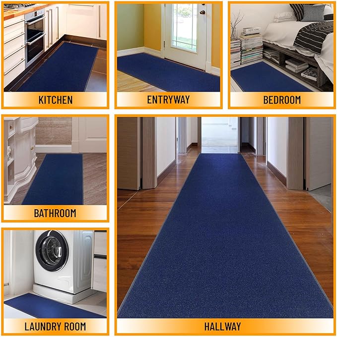 Machine Washable Modern Solid Design Non-Slip Rubberback 3x10 Traditional Runner Rug for Hallway, Kitchen, Bedroom, Living Room, 2'7" x 9'10", Navy