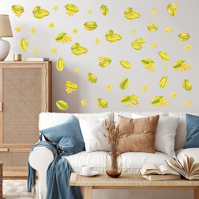 Star Fruit Wall Decals Peel and Stick Summer Fruit Wall Stickers Removable Kitchen Wall Stickers Cabinet Decals Watercolor Fruit Wall Decals for Nursery Bedroom Playroom Decor