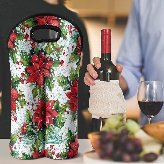 doginthehole Christmas Flowers Wine Carrier Tote Bag Two Bottle Champagne Carrying Bags Aesthetic Poinsettia Neoprene Wine/Water Bottle Holder with Carry Handle for Christmas Party, Travel