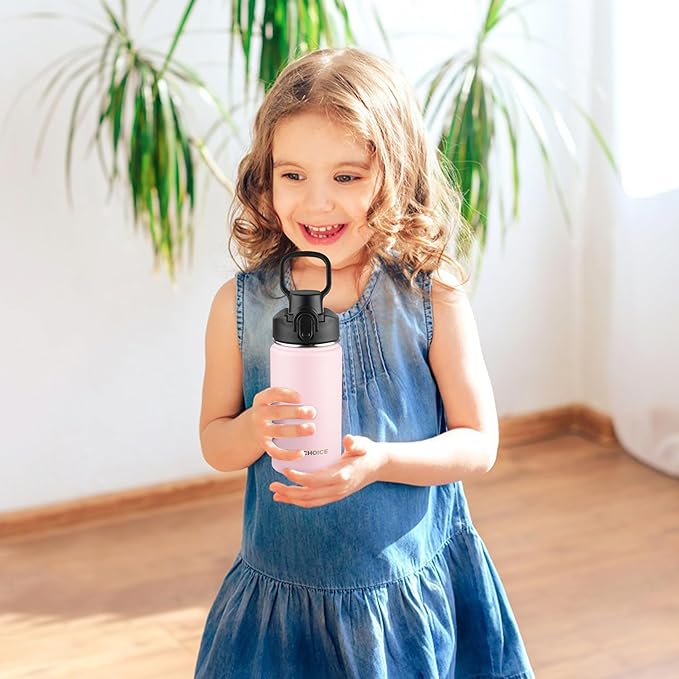 Kids Insulated Water Bottle with Straw,14oz Stainless Steel Water Bottle,BPA-free and Leak-proof,Double Wall Vacuum Water Flask for School,Gifts for Boys and Girls（14oz,Pink）