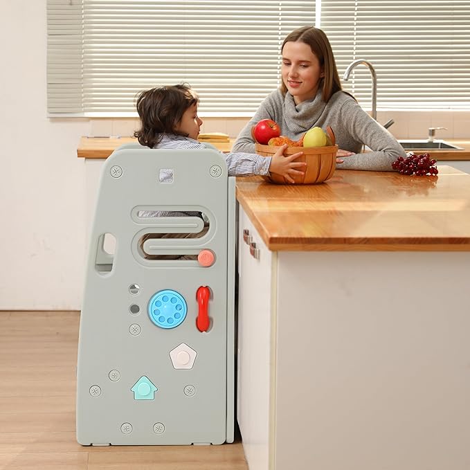 SDADI Multifunctional Toddler Tower with Double Safety Rails - Adjustable & Non-Slip for Kitchen and Bathroom Use - Montessori Step Stool for Kids, Dark Gray and Light Gray