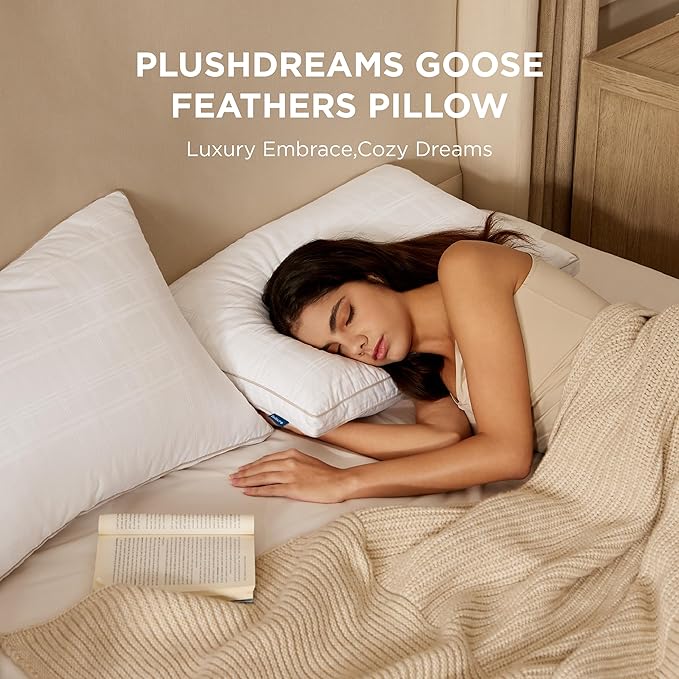 Bedsure Luxury Goose Feathers Down Pillow - 300 Thread Count Cotton Cover Gusseted Hotel Collection Bed Queen Pillow, Ultra-Soft High Elasticity Sorona Fiber Layer Pillows (1, Peyote, Standard)