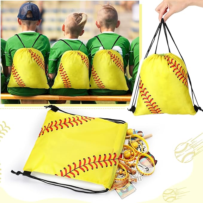 Layhit 134 Pcs Party Favors Set Include Cosmetic Bag Drawstring Backpack Hair Ties Charm Bracelets Silicon Bracelets Water Bottles Keychains Stickers for Sport Team Gifts (Yellow,Baseball)