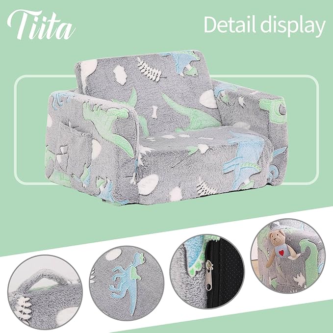 Tiita Kids Sofa, 2-in-1 Kids Sofa Chair, Convertible Children Couch to Lounger, Flip Out Kids Sofa Chair, Toddler Armrest Chair Bed for Girl or Boy(Dark Grey Dinosaur)
