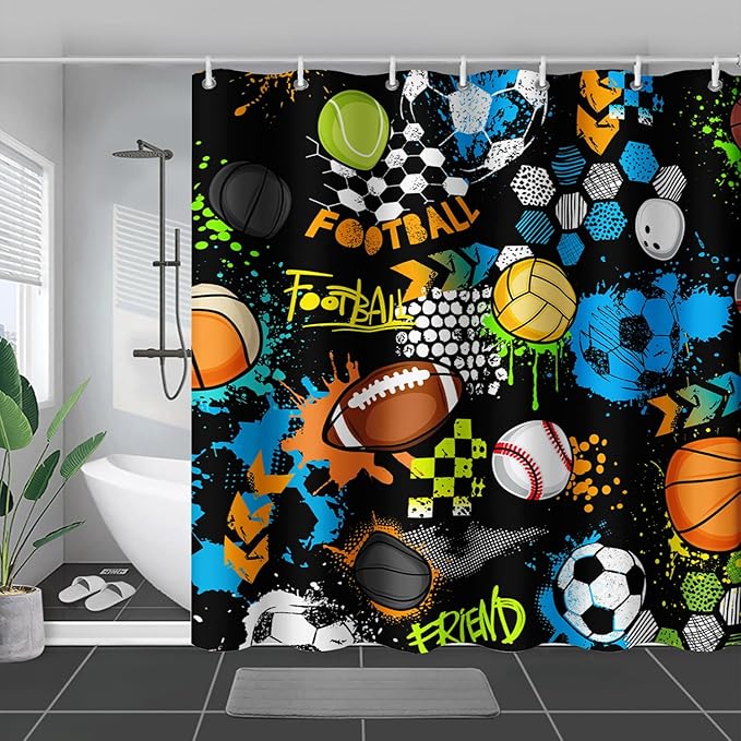 AILONEN Graffiti Sport Shower Curtain,Boys Graffiti Basketball Football Baseball Rugby Sport Bath Curtain Minimalist Bathroom Curtain 48" W*72" H Polyester Waterproof Bathroom Curtain with 12 Hooks