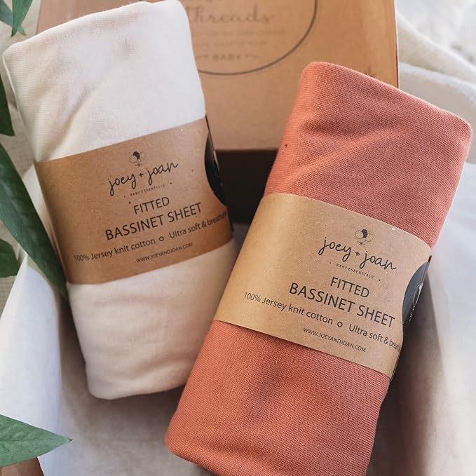Joey + Joan Bassinet Fitted Sheets 19" x 32" for Cowiewie Bedside Sleeper Bassinet Mattress Pad – Snuggly Soft 100% Jersey Cotton – Beige + Rusty Brown – 2 Pack