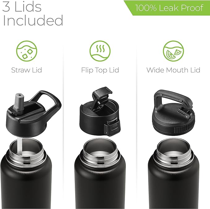 SipX™ Triple-Insulated Stainless Steel Water Bottle 32oz. With 3 Lids, BPA-Free Reusable Insulated Water Bottle Keeps Cold 24 Hours, Metal Water Bottle Made Of Sustainable Material For Hiking & Biking