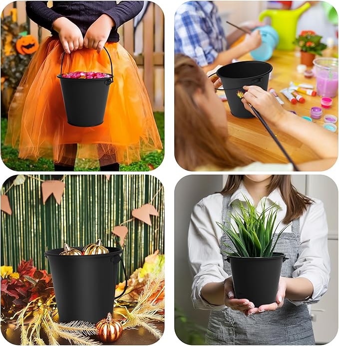 Small Metal Buckets with Handle 6 Pcs – Galvanized Bucket Leak Proof & Rust Resistant 48 fl oz Capacity - Best for Party Décor, Halloween & Decorating Classrooms (Black, Large 6.3" Top)