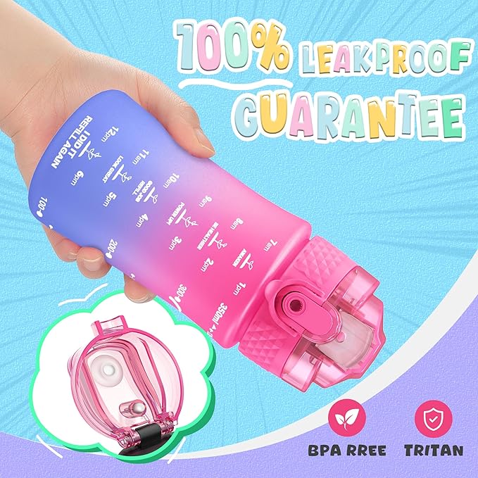 OLDLEY Kids Water Bottle for School, 12 oz (2 lids) BPA-Free Reusable Leak-proof Durable Tritan Plastic Water Bottles with Straw & Chug Lids, Anti-dust Spout Cover (Sunset Glow)