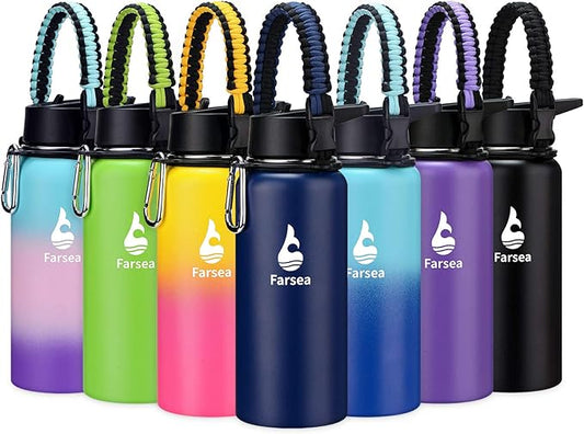 Farsea Insulated Water Bottle with Straw Lid & Spout Lid & Paracord Handle, Stainless Steel Water Bottle Wide Mouth, Double Wall Sweat-Proof BPA-Free, 32 oz, Blue