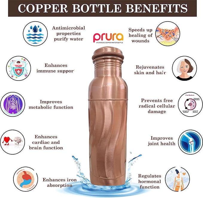 Wave Copper Water Bottle - Leak Proof Ayurvedic Drinkware Copper Vessel for Sports, Gym, Outdoors, Yoga, 30 Oz Pure Copper Vessel for Drinking