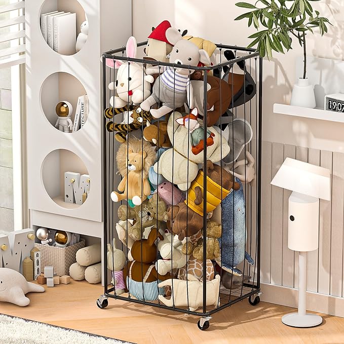 210L Stuffed Animal Organizer Plush Toy Storage Organizer Toy Storage Basket, Kids Toy Storage Bins with Wheels, Metal Frame and Elastic Cord Design, Suitable for Storage of Any Stuff
