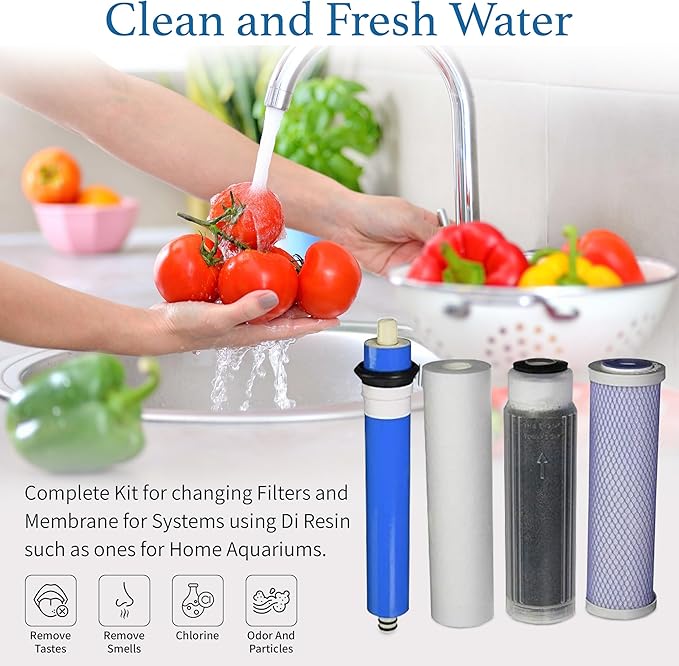 Reverse Osmosis Deionization (RODI) 10" Replacement Filter Kit (Sediment Cartridge, Carbon Cartridge, Color Indicating DI Cartridge Filled with MBD-30 Nuclear Grade Resin and 50 GPD Membrane) by CFS