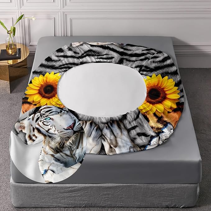 AILONEN Tiger Fitted Sheet Set Twin XL Size, 3 Pieces White Tiger Fur Printed Bed Sheet Set,Kids Boys Girls Sunflower Tiger Sheet Set,Butterfly Tiger Fitted Sheet with 2 Pillowcases