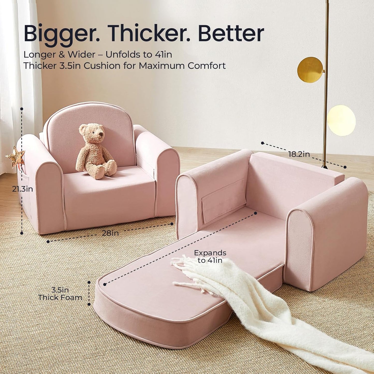 Tiny Land 2-in-1 Foldable Kids Couch with Pockets – Soft Thick Toddler Sofa, Lounger Couch, Convertible Kids Chair for Playroom, Bedroom or Living Room, Gift for Boys & Girls (Pink)