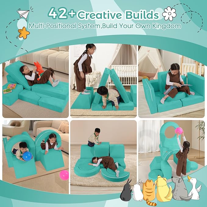 Modular Kids Sofa Play Couch, 12-Piece Kids Couch Sectional Sofa for Playroom Fort Buliding, 3S Instant Rebound and Fully Expand, Versatile Kids Play Couch for Toddler to Teen
