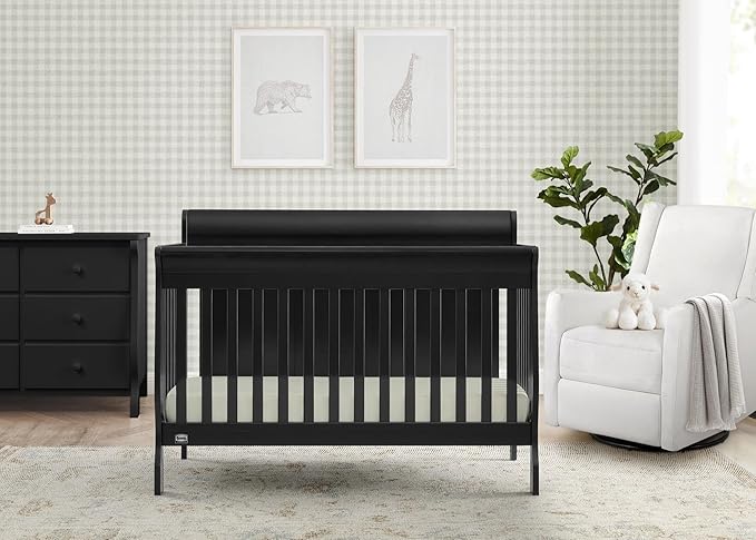 Delta Children Simmons Kids Carter 6-in-1 Convertible Crib - Greenguard Gold Certified, Black Ebony+ Quiet Nights Breathable Baby Bed Crib Mattress and Toddler Mattress (Bundle)