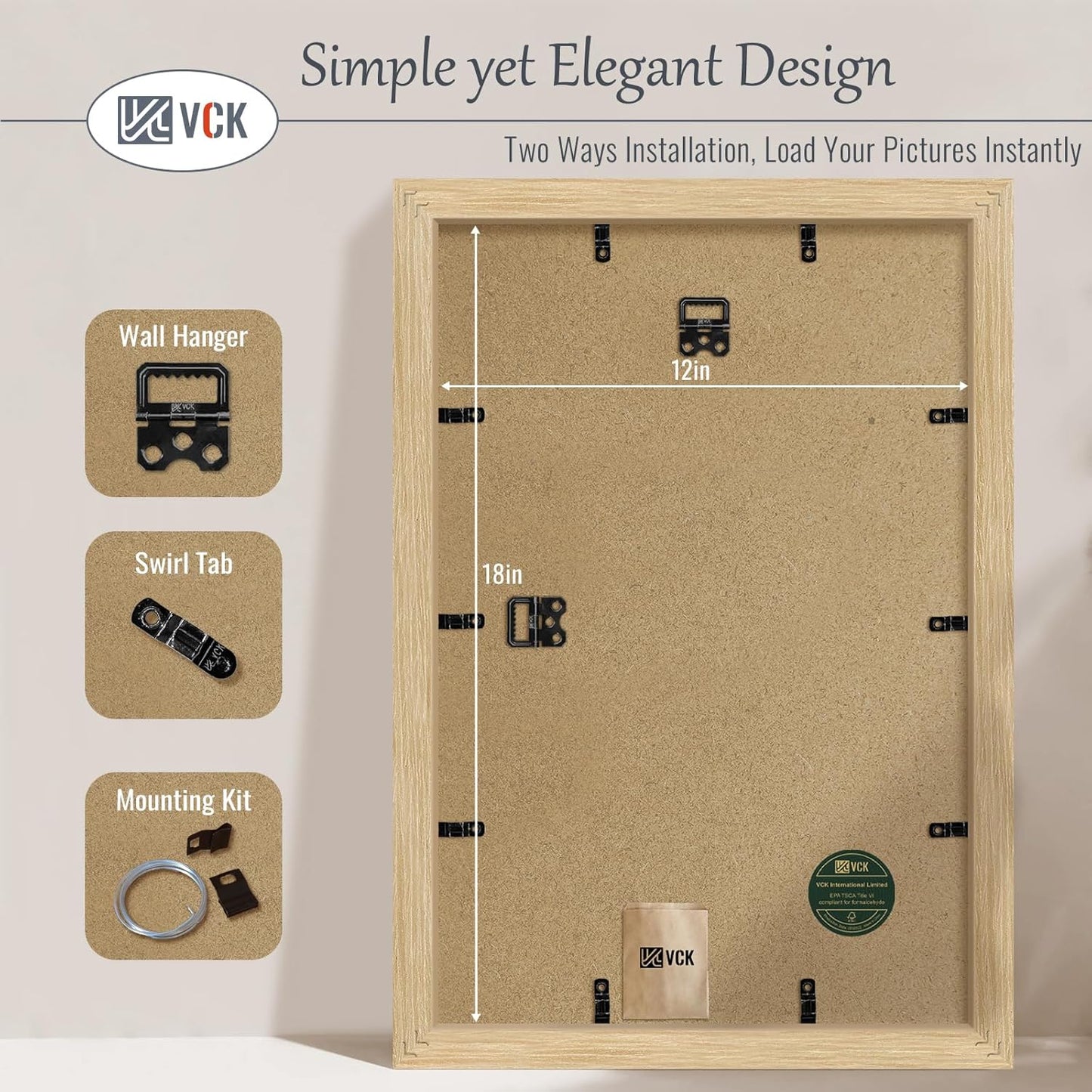 VCK 12x18 Oak Wood Frame for Poster & Picture, Natural Solid Wood Photo Frames 3 Pack, Wall Gallery Frame