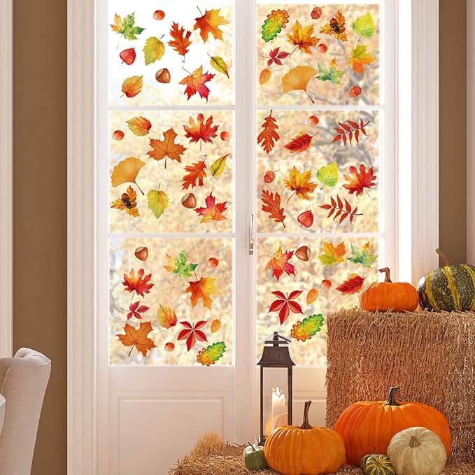 Fall Window Clings for Glass Windows Autumn Maple Leaf Window Static Stickers Double-Sided Leaves Hazelnut Window Door Cling Removable Reusable Stickers Thanksgiving Window Door Decor
