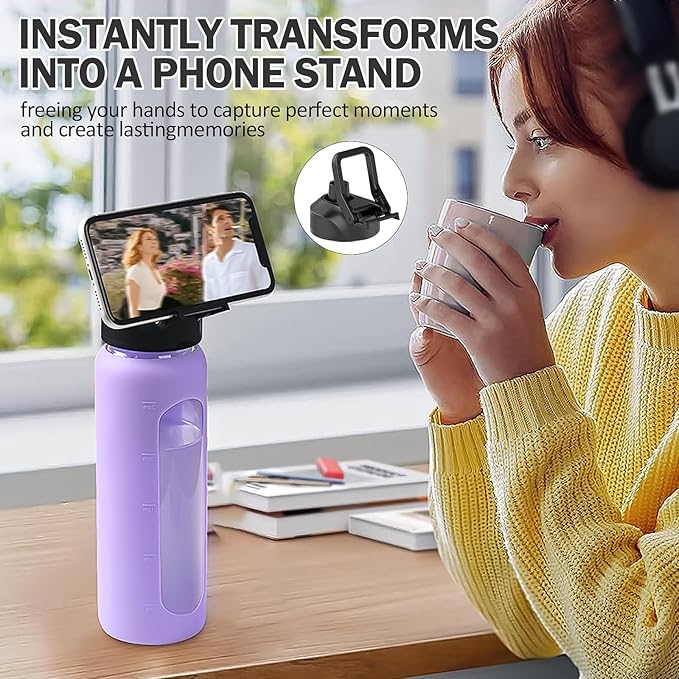 Glass Water Bottles with Straw -24oz- Water Bottle Phone Holder for Gym Sports Water Bottles with Silicone Sleeve Glass Drinking Bottles 2 Lids - Spout & Bamboo Straw Lid(Purple)