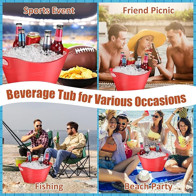 Norme 24 Pcs Oval Storage Tub with Handles, 4.5L Plastic Ice Bucket Wine Beer Champagne Bottle Drink Cooler Tub for Parties Beverage, Storage Basket (Red)