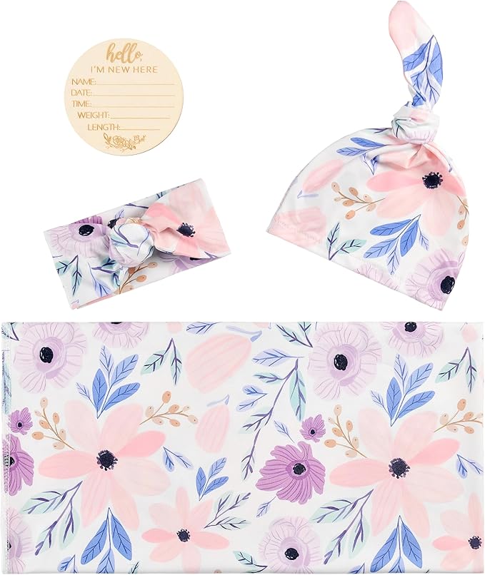Newborn Baby Girl Receiving Blanket Swaddle Blanket Stretchy Knit Swaddle Set with Matching Headband Beanie with a Name Card (Pink and Purple Floral)