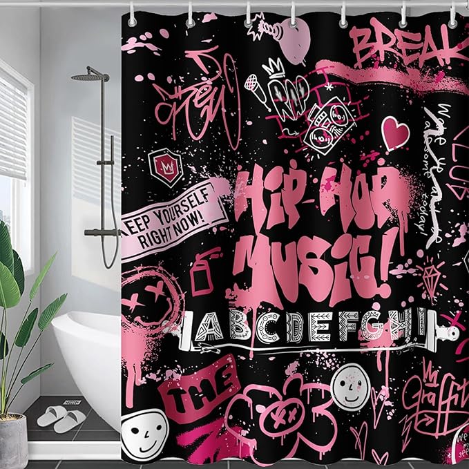 AILONEN Black Pink Graffiti Shower Curtains for Teens Girls,Hip-Hop Music Bath Shower for Bathroom,Polyester Waterproof with 12 Hooks,60" W*72" H Black Pink
