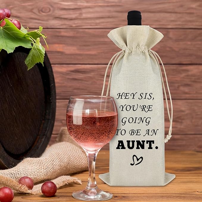 Baby Announcement Gift Aunt Gift for Sister Wine Bag Promoted to Aunt Gift for Women Pregnancy Announcement Gift for Aunt to be Cousins Siblings Cotton Burlap Wine Wrap Bag New Auntie Gift Christmas