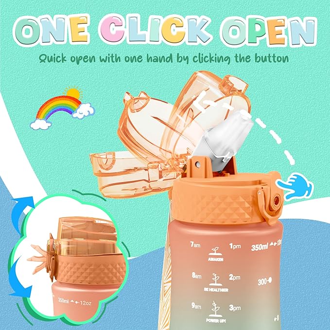 OLDLEY Kids Water Bottle for School, 12 oz (2 lids) BPA-Free Reusable Leak-proof Durable Tritan Plastic Water Bottles with Straw & Chug Lids, Anti-dust Spout Cover (Sunflower)