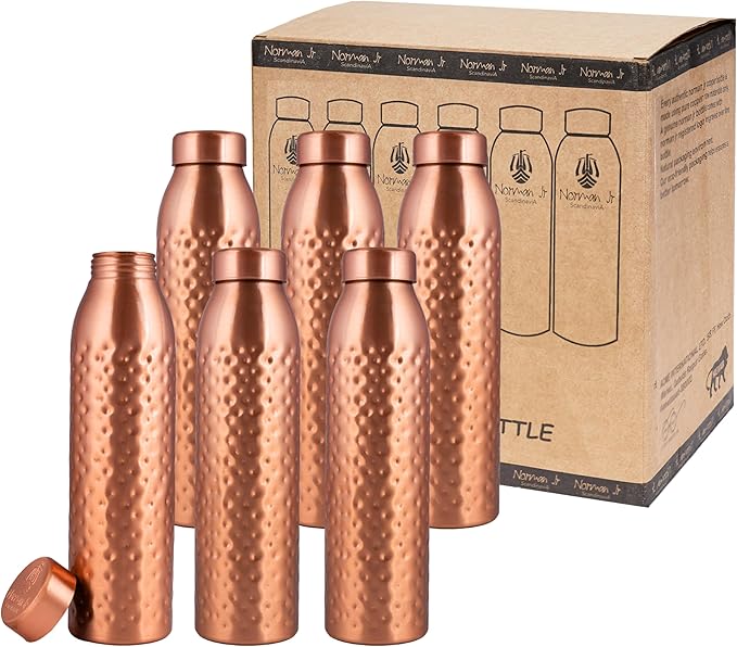 Copper Water Bottle 1Liter - Gift Box of 6, Hammered, an Ayurvedic vessel made from pure copper - helps you drink more water, with many health benefits